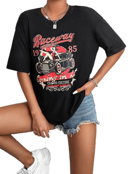 

car and letter graphic drop shoulder tee k6dv#, White