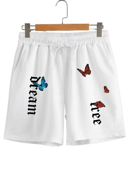 

men butterfly & letter graphic drawstring waist shorts r5ah#, White;black