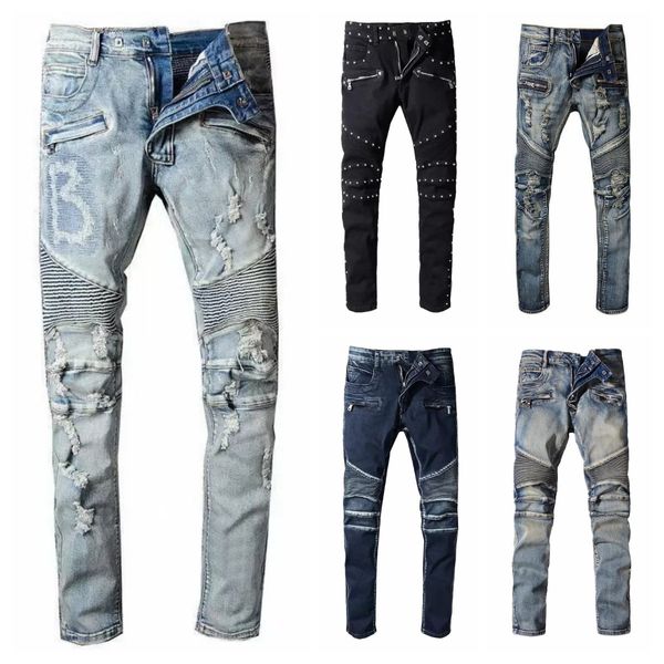 Designer Jeans Mens Jean Letter Envelhecido Skinny Ripped Biker Slim Fit Moto Bikers Denim para Homem Moda Homem Calça Preta Para Homem