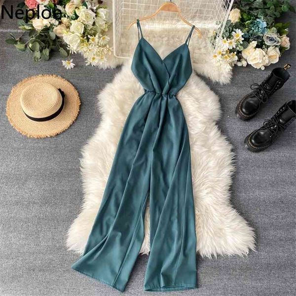 

neploe v neck sleeveless camis jumpsuit slim waist open back lace up design wide leg bodysuit summer new playsuit48872 210326, Black;white