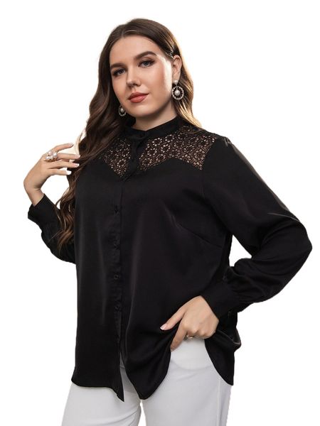 

plus lace insert bishop sleeve blouse 931u#, Black