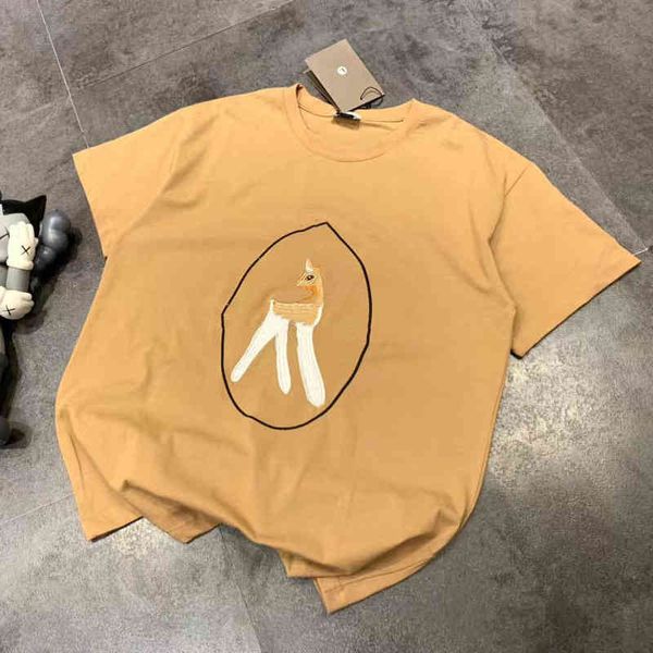 

women's t-shirt sprin and summer round neck small fresh couple t-shirt fawn embroidery men's women's short sleeve loose casua, White