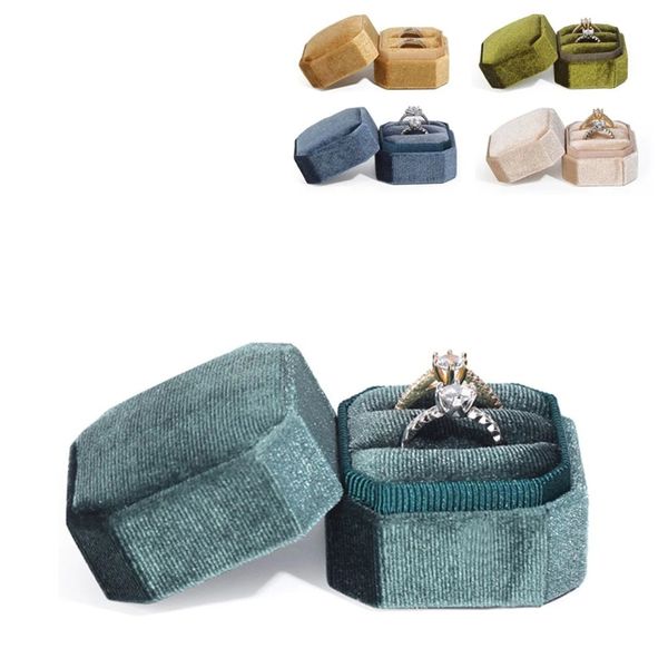 Caixa de joias de veludo octogonal Caixas de armazenamento de anel duplo com tampa destacável para embalagem de anel de noivado Estojo de presente para exibição