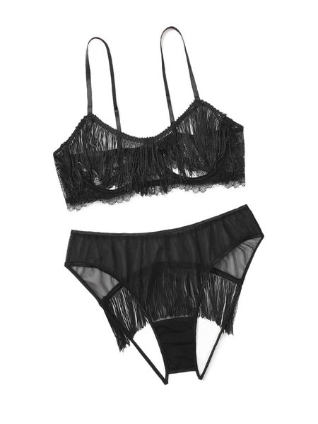 

plus fringe cut out underwire lingerie set s1za#, Black;white