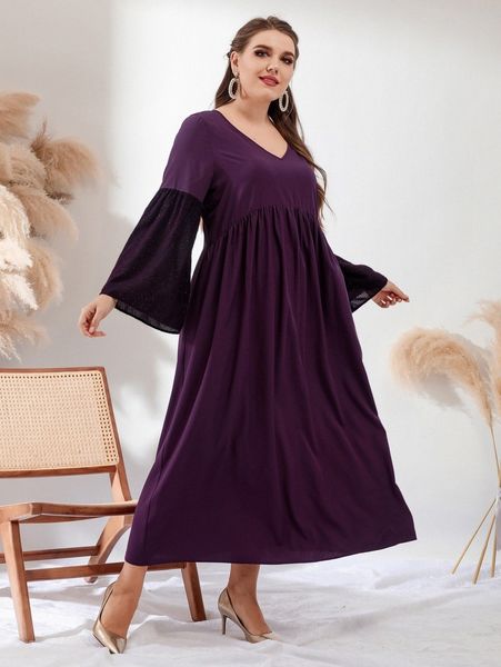 

plus flounce sleeve smock dress m5hf#, Black