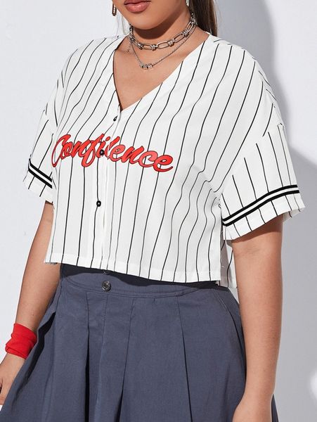 

plus striped letter graphic drop shoulder blouse 06hh#, Black