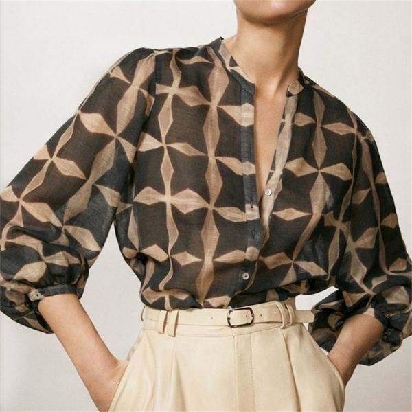 

za blouse women summer thin shirt women's perspective cotton linen printed shirts long sleeve round neck female xw1213 220423, White