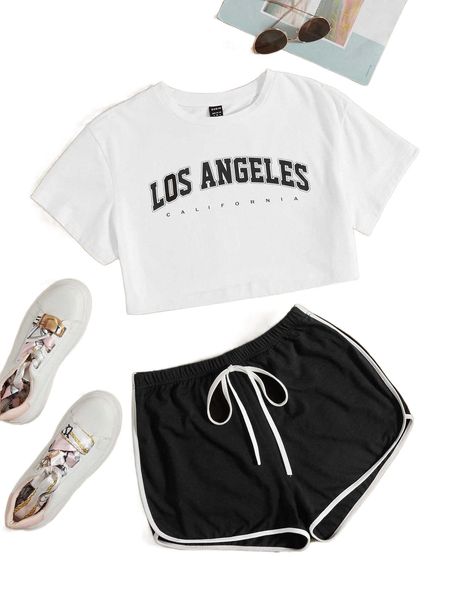

letter graphic tee & contrast binding knot front shorts x09g#, White
