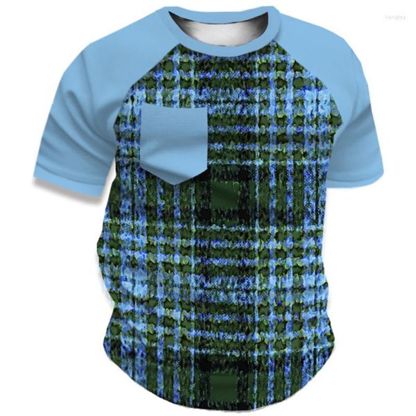 Herren-T-Shirts, modisches Colorblock-Rundhals-T-Shirt für Erwachsene, blau gestreift, Digitaldruck, kurzärmelig, lässig, für Kinder, Top-Taschen-Design