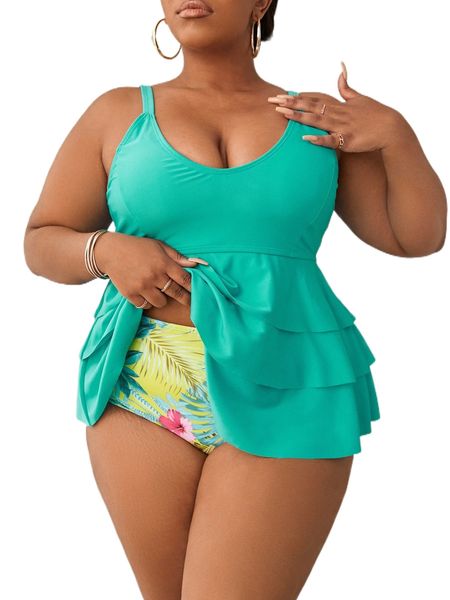 

plus tropical print layered hem bikini swimsuit m4i7#, White;black