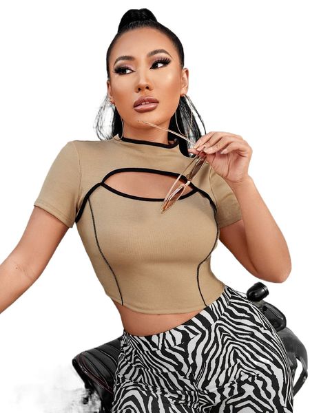 

contrast binding mock neck cut out crop tee s22w#, White