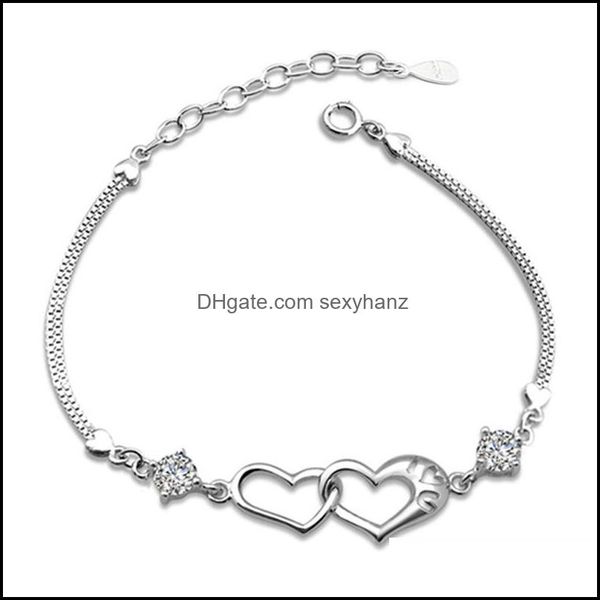 

charm bracelets jewelry s925 sterling sier wholesale double heart crystal fashion bracelet for women drop delivery 2021 ze98e, Golden;silver