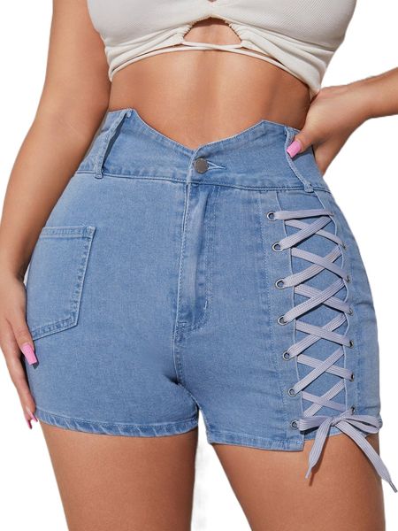 

lace up asymmetric waist denim shorts 99es#, White;black