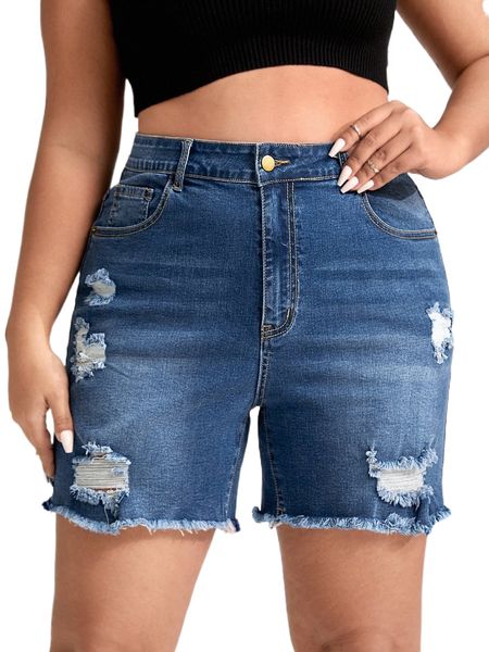 

plus high waist ripped raw cut denim shorts 07cj#, White;black