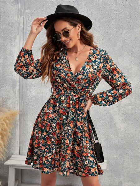 

floral print overlap collar lantern sleeve belted dress 74ws#, Black;gray