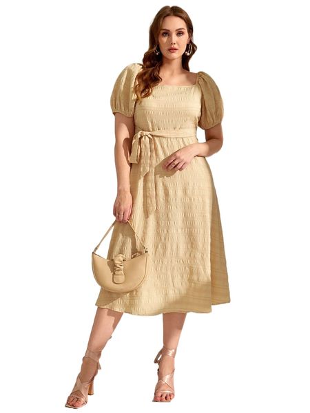 

plus puff sleeve tie side textured dress h5ar#, Black