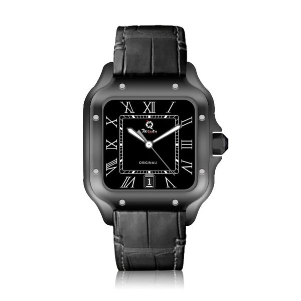 

men's automatic mechanical watch requin santo black stainless steel case leather strap w2sa three-hand calendar sapphire dial2594, Slivery;brown