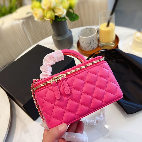 

22p black fuchsia vanity box with chain bags mirror classic quilted ghw cosmetic case 19cm