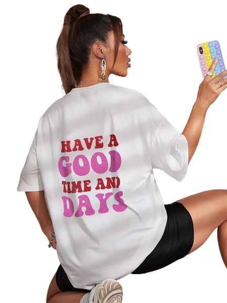 

slogan graphic drop shoulder tee o90x#, White