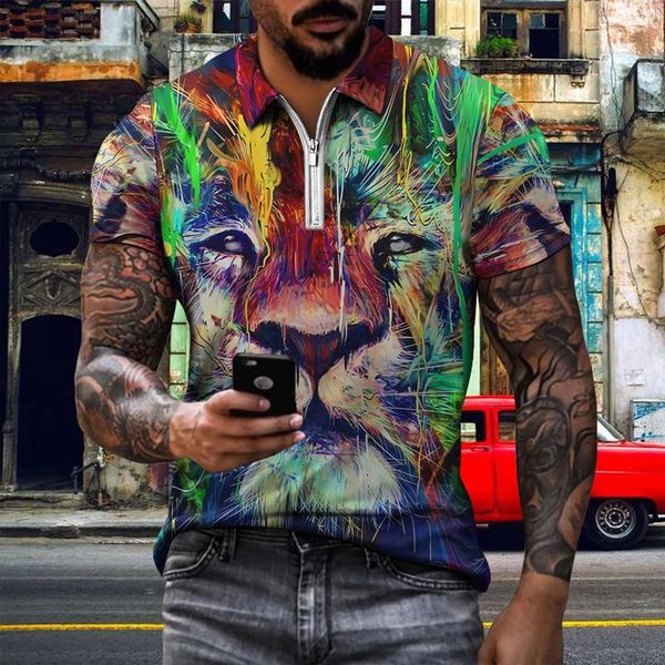 

men's polos summer men shirt short sleeve oversized loose zipper 3d digital printing lion pattern clothes male tee shirts s-6xl, White;black