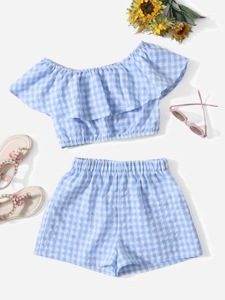 

girls gingham print ruffle detail & shorts set she, White