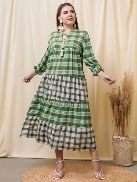 

plus plaid flounce sleeve tassel tie neck ruffle hem dress s3we#, Black