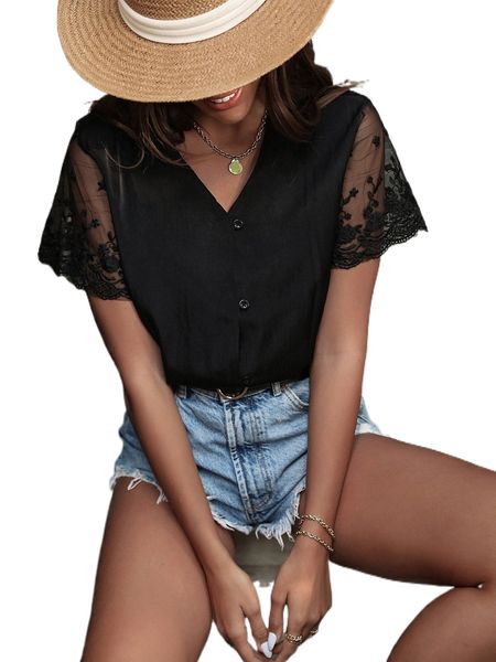 

embroidery mesh sleeve button front blouse b5pn#, White