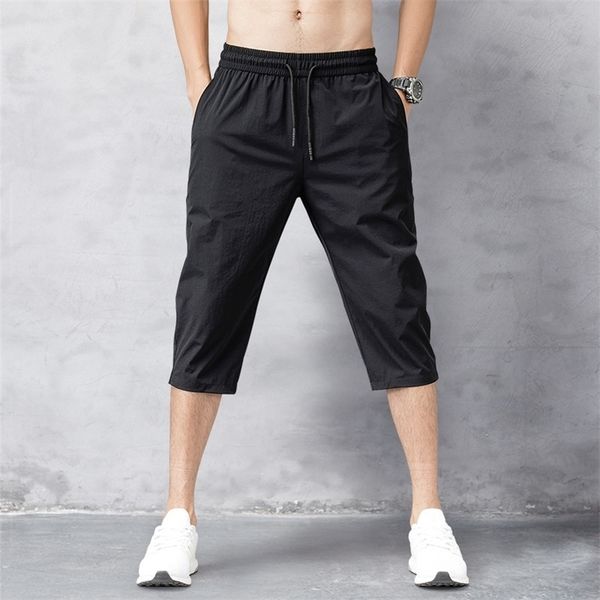

men s shorts summer breeches thin nylon 3 4 length trousers male bermuda board quick drying beach black long 220704