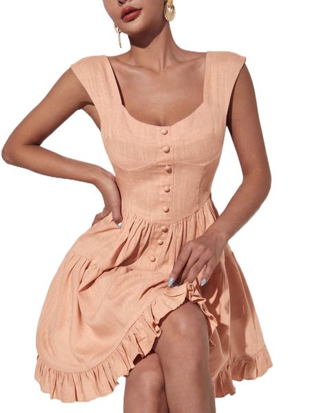 

sweetheart neck button front ruffle hem dress r8sl#, Black;gray