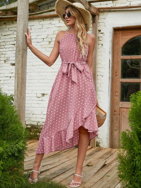 

polka dot belted ruffle hem dress y321#, Black;gray