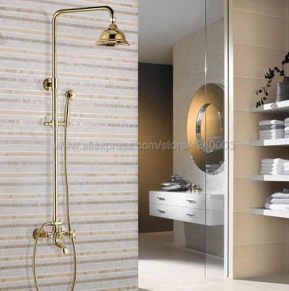 Set doccia da bagno Rubinetto a parete in ottone color oro di lusso Sistema a pioggia Set vasca con spruzzatore portatile Kgf346Bagno