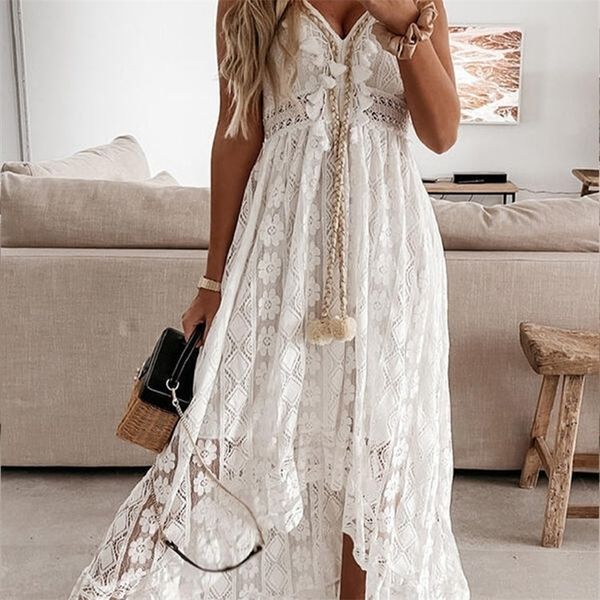 

boho dress women summer maxi lady off shoulder holiday lace v neck spaghetti strap sundress white vestidos de mujer 220521, Black;gray