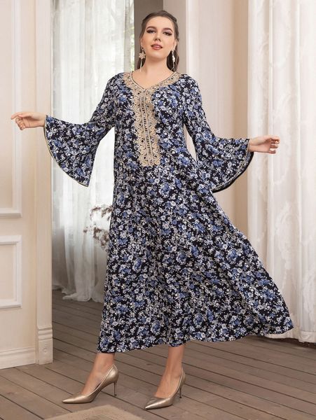 

plus random floral print guipure lace panel flounce sleeve dress 5772#, Black