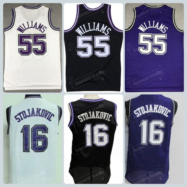 Vintage Peja 16 Stojakovic Basketball Trikots 55 Williams Uniformen für Sportfans neues Material Team weg lila schwarz weiß genähte Herren-T-Shirt-Uniform