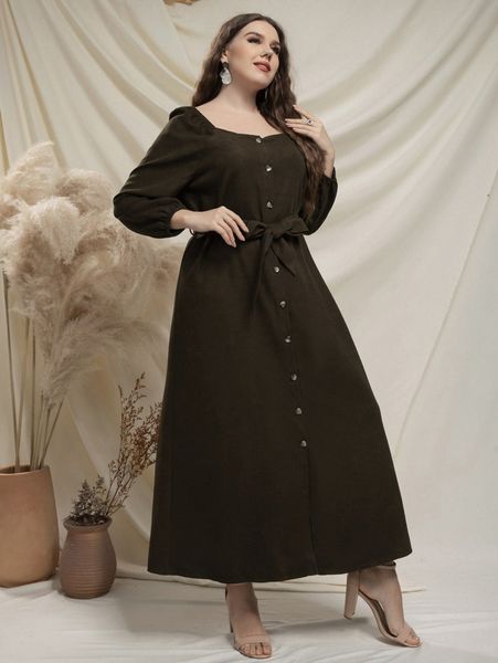 

plus single breasted lantern sleeve belted dress h6q2#, Black