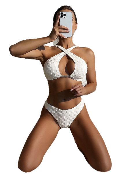 

plaid embossing cross bikini swimsuit k90o#, White;black