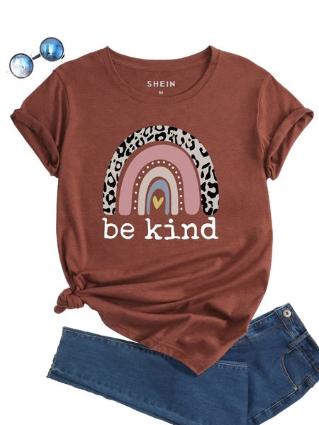 

rainbow & slogan graphic tee 03a1#, White