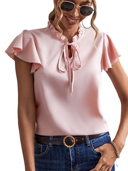 

tie neck butterfly sleeve blouse u5g2#, White