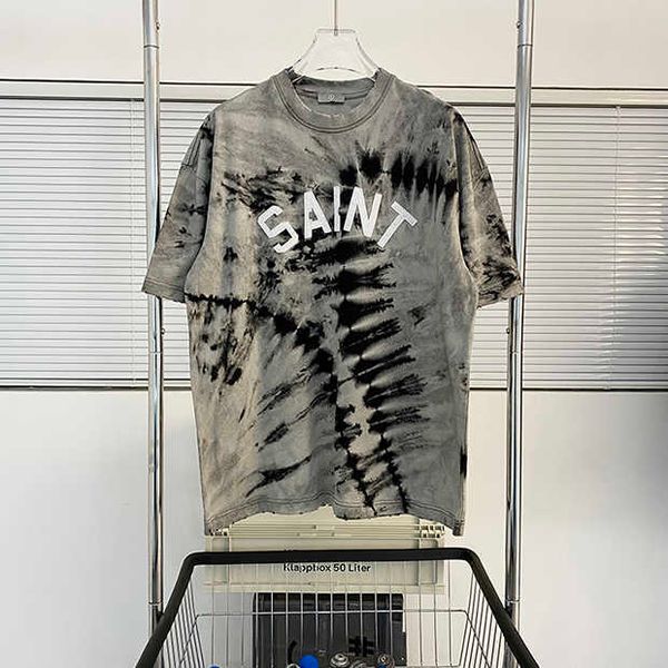

men's t-shirts high street fashion brand saint letter sticker irregular tie dye men's short sleeve t-shirt american casual retro t, White;black