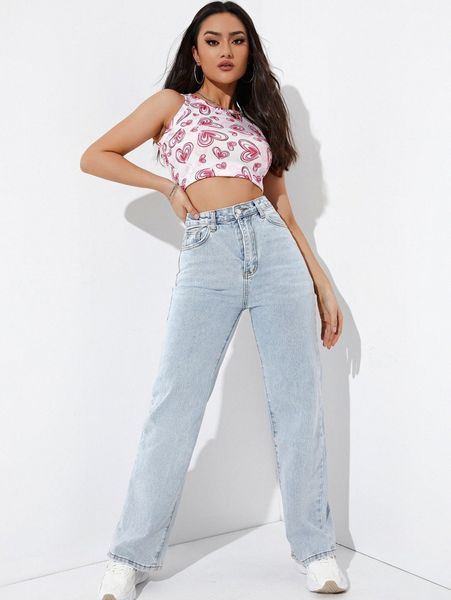 

high waist straight leg jeans 547n#, Blue