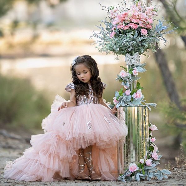 Hellrosa Blumenmädchenkleider für Hochzeiten, Kinder, hoch niedrig, abgestufte Rüschen, Tüll, Festzugskleider, Spitze, Pailletten, Geburtstagsparty-Kleid