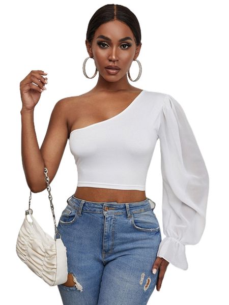 

solid one shoulder crop n8uw#, White