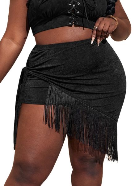 

sxy plus fringe trim wrap knot side skirt v4rx#, Black