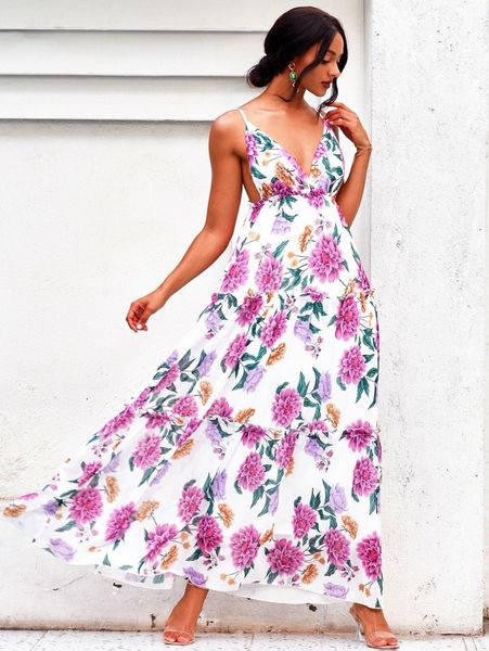 

love&lemonade floral print ruffle hem backless chiffon cami dress 076b#, Black;gray