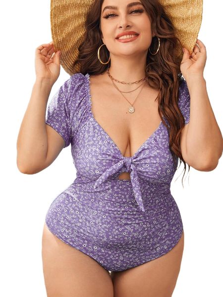

plus ditsy floral print knot front one piece swimsuit o7l2#, White;black