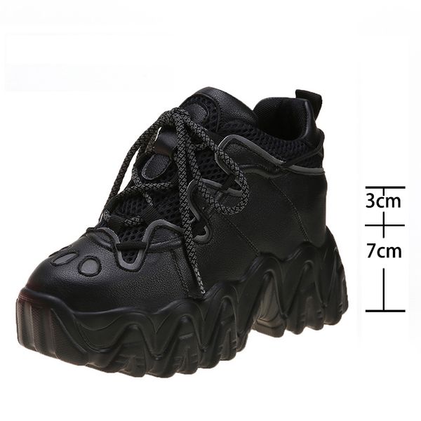 

women sneaker fashion thick bottom spring breathable high heels round toe comfortable solid causal women chunky sneakers, Black;yellow