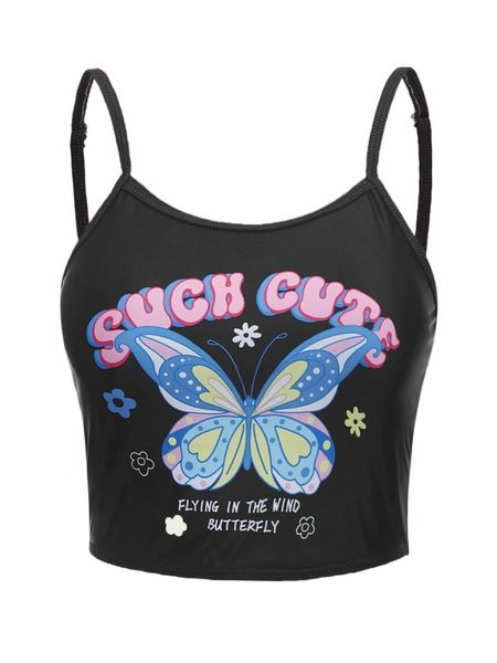 

romwe y2k revival slogan butterfly & floral graphic bikini 05wk#, White;black