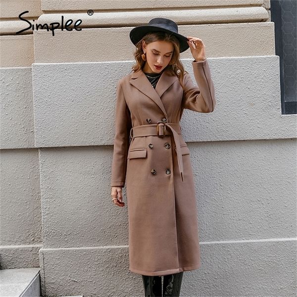

straight double-breasted camel colour outwear casual autumn winter long coat belt elegant long woolen overcoat female 201222, Black