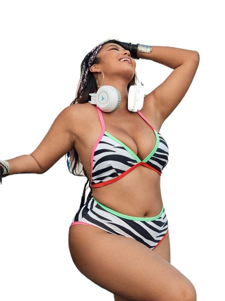

plus zebra stripe contrast binding bikini swimsuit s6jg#, White;black