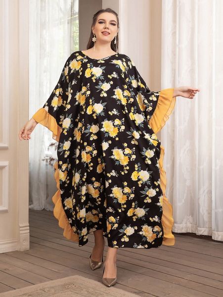 

plus floral print ruffle trim batwing sleeve tunic dress l5d3#, Black